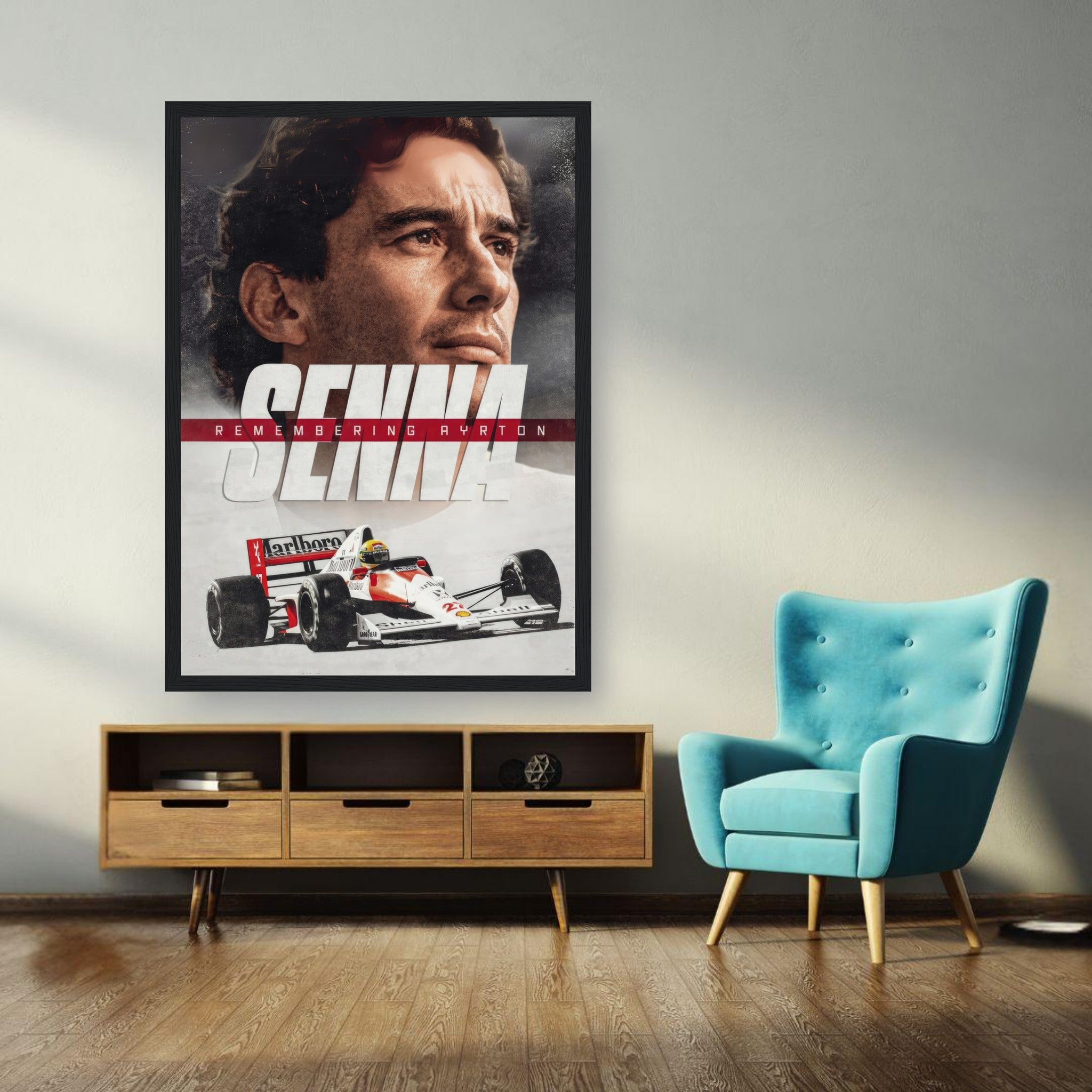 Ayrton Senna framed print featuring his iconic portrait and racing car, displayed in a modern living room setting.