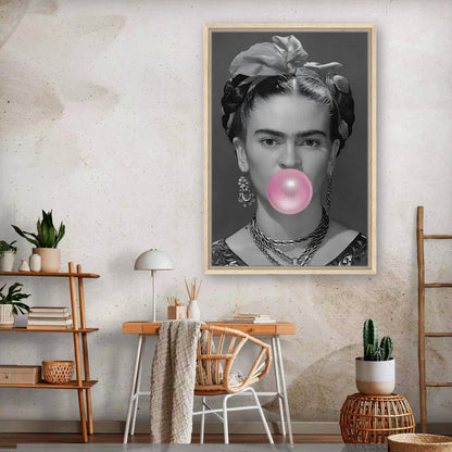 Frida Kahlo Bubble Gum framed canvas print in a stylish living room with natural wood decor and plants.