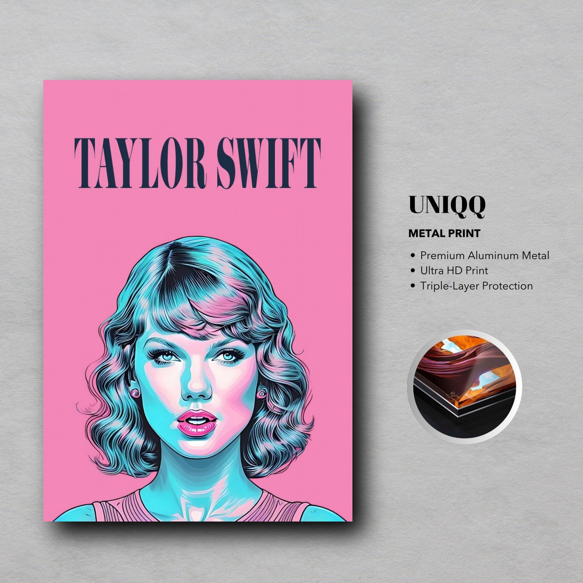 Taylor Swift pop art metal print featuring vibrant pink and teal hues, showcasing modern design and unique artistry.