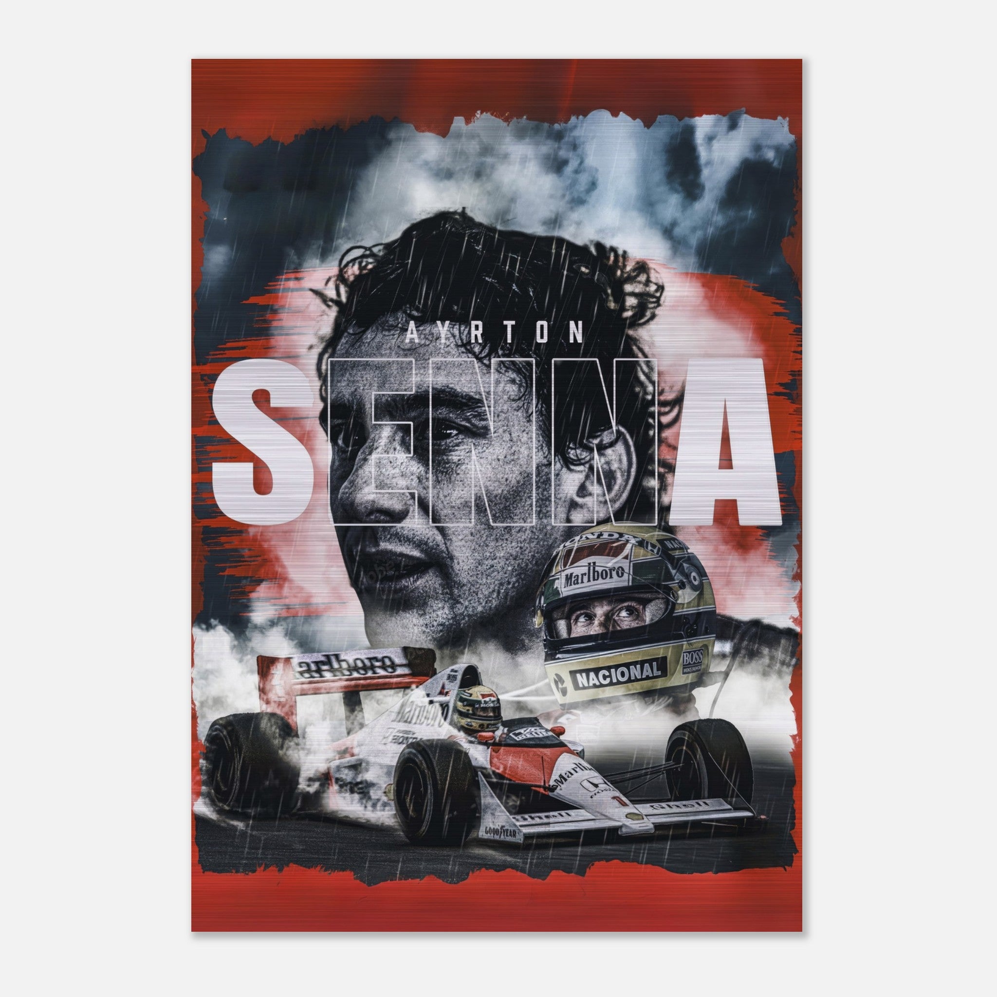 Ayrton Senna brushed metal poster showcasing the F1 legend with dynamic racing imagery, perfect for fans and collectors.