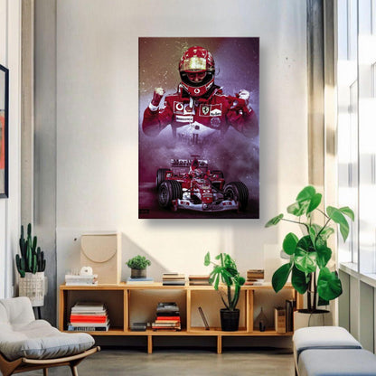 Michael Schumacher canvas artwork showcasing the legendary Formula 1 driver in Ferrari gear, perfect for motorsport fans.