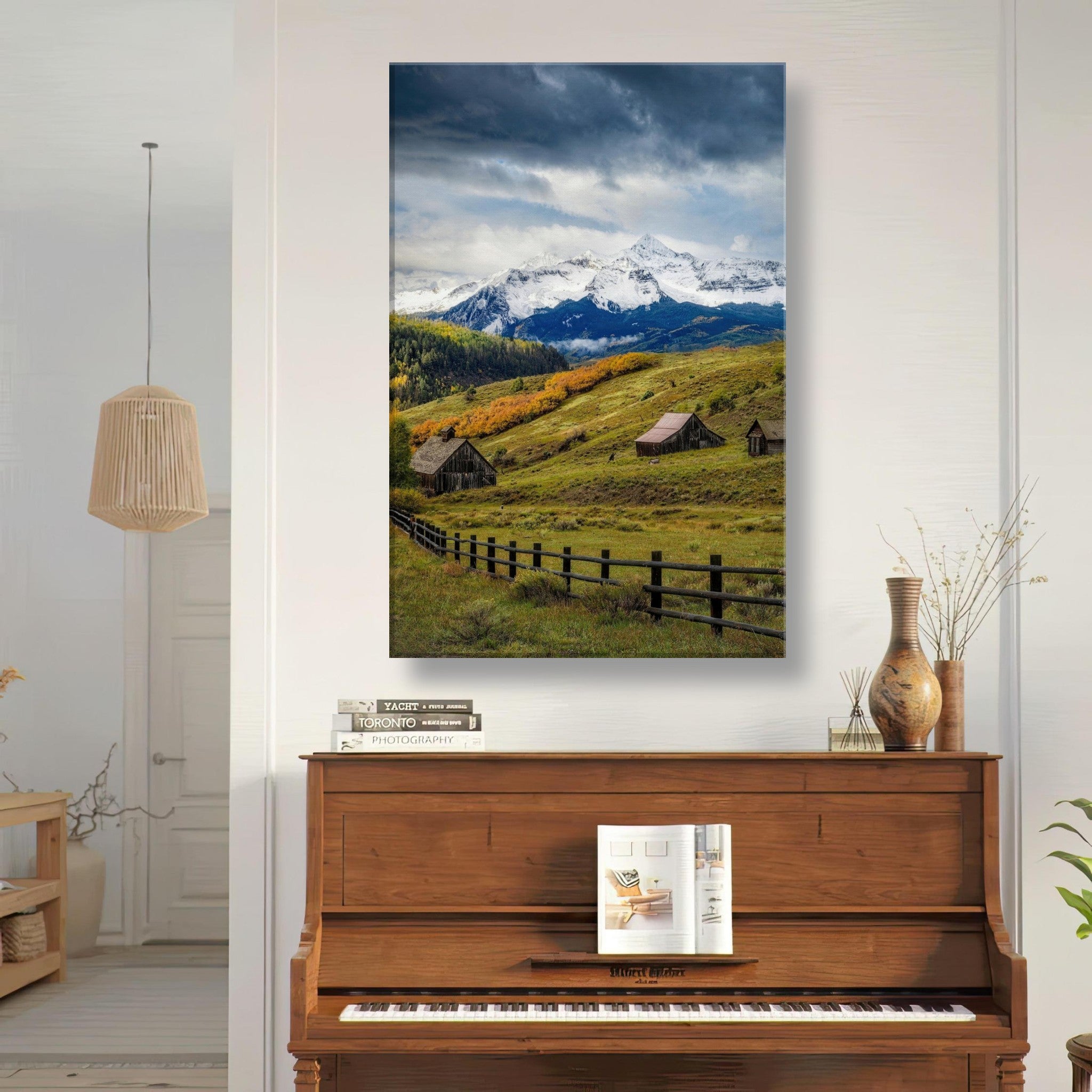 Telluride, Colorado canvas artwork featuring rustic cabins and majestic snow-capped mountains in a cozy home setting.