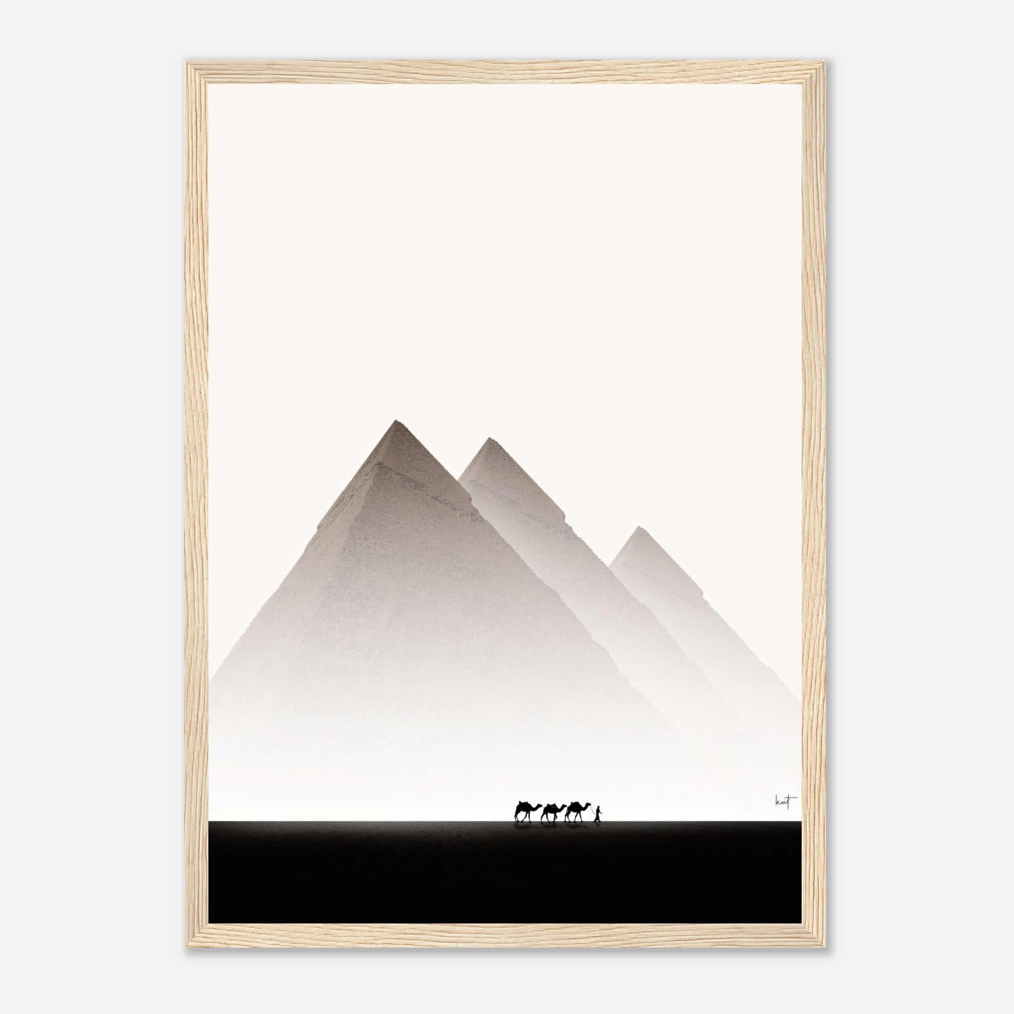 Framed print of the Pyramids of Giza in minimalist style with silhouettes of camels against desert backdrop.