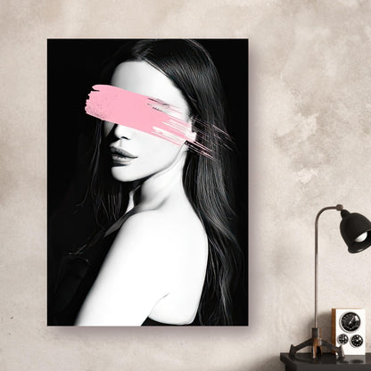 Pink Blindness metal print showcasing a monochrome portrait with a vibrant pink brushstroke over the eyes, minimalist elegance.