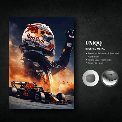 Max Verstappen Red Bull brushed metal print featuring F1 helmet and car, showcasing premium textured aluminum design.