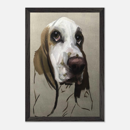 Basset Hound dog painting in museum quality, showcasing soulful expression and fine art detail.