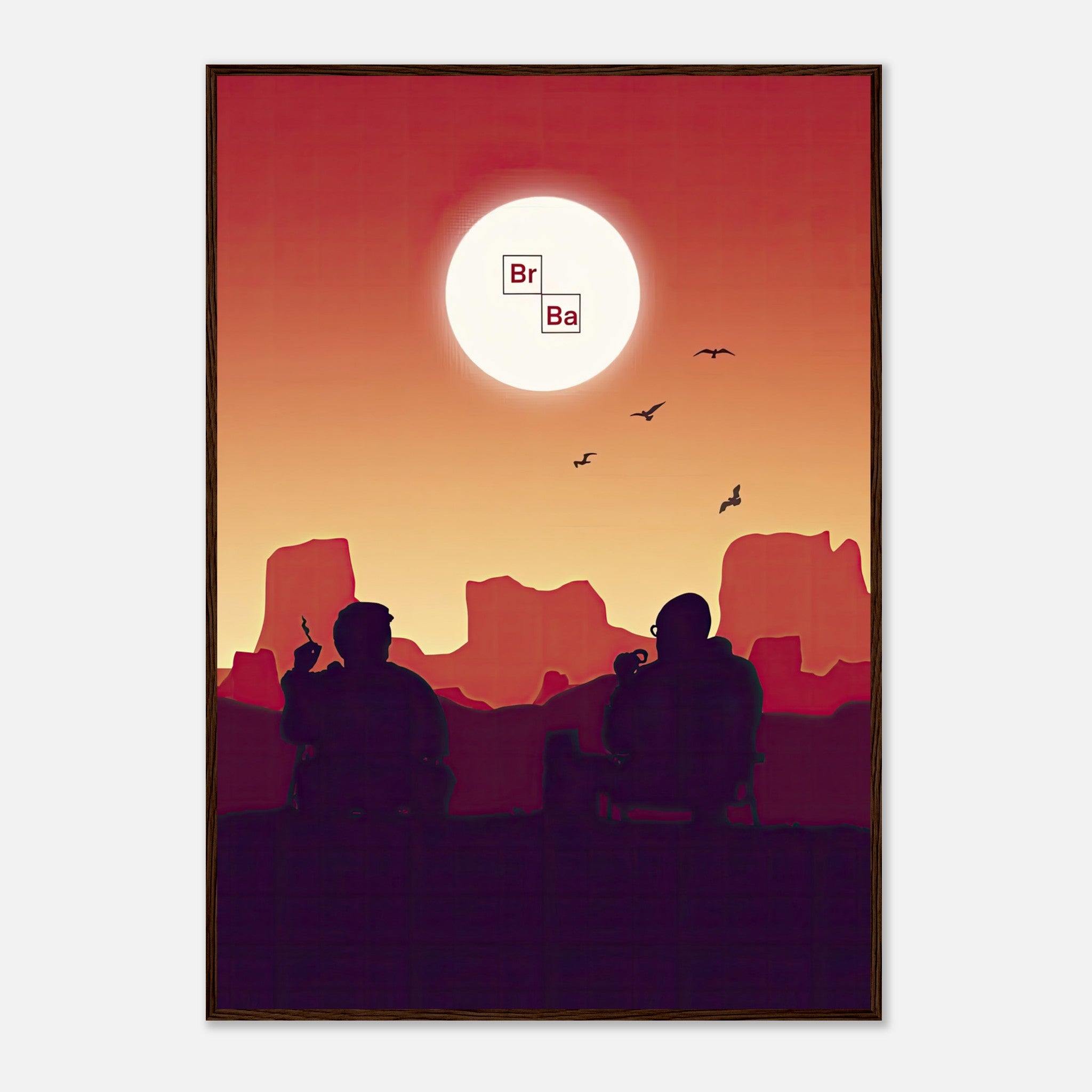 Sunset Breaking Bad framed poster featuring Walt and Jesse under a vibrant sunset in a desert landscape.