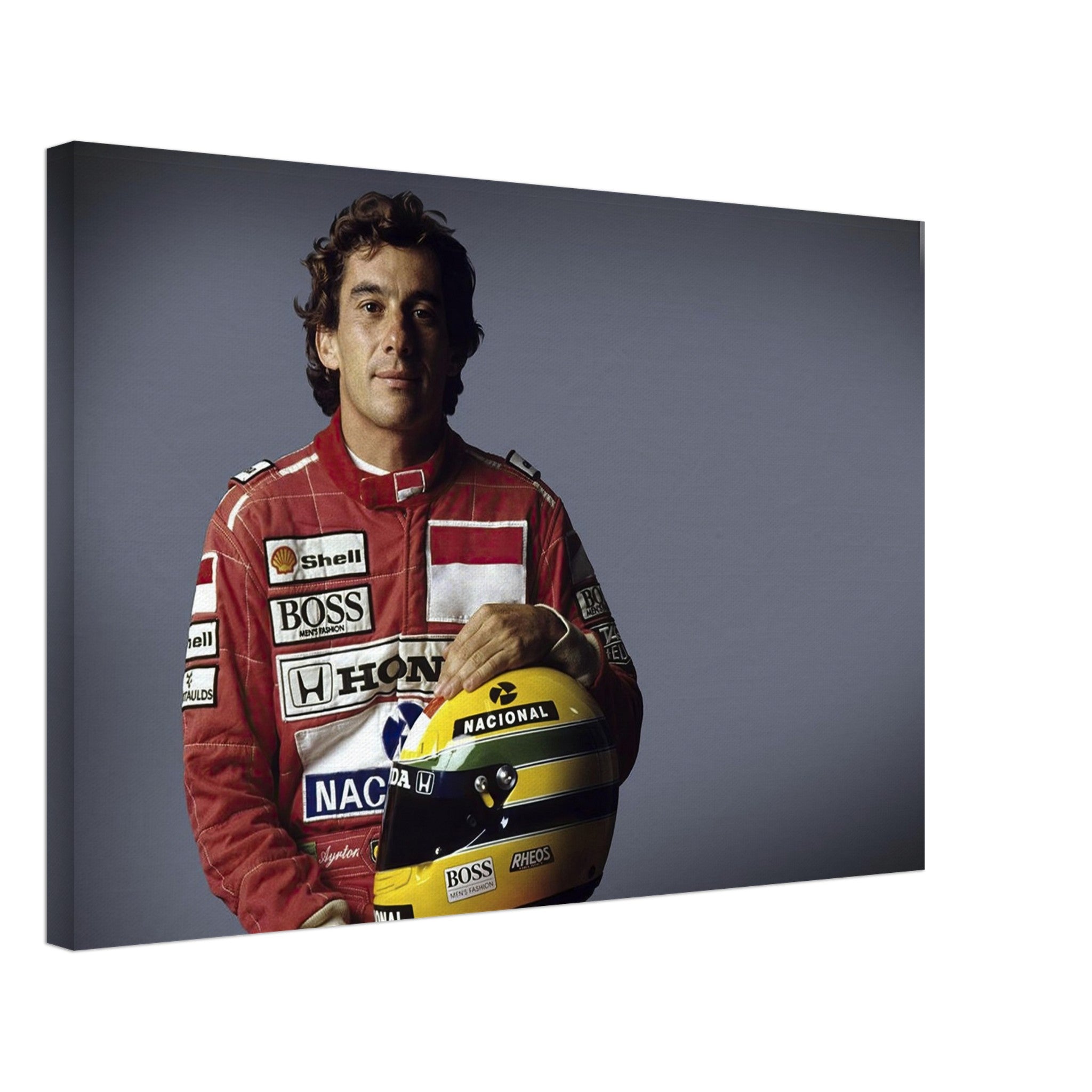 Ayrton Senna canvas print, iconic racing legend with helmet, vibrant colors, gallery-style finish, modern wall art.