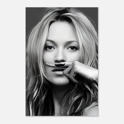 Kate Moss Mustache metal print featuring a stylish black-and-white image with a playful mustache detail.