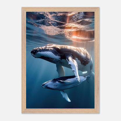 Underwater photography vintage print of a humpback whale and calf swimming gracefully in the ocean.