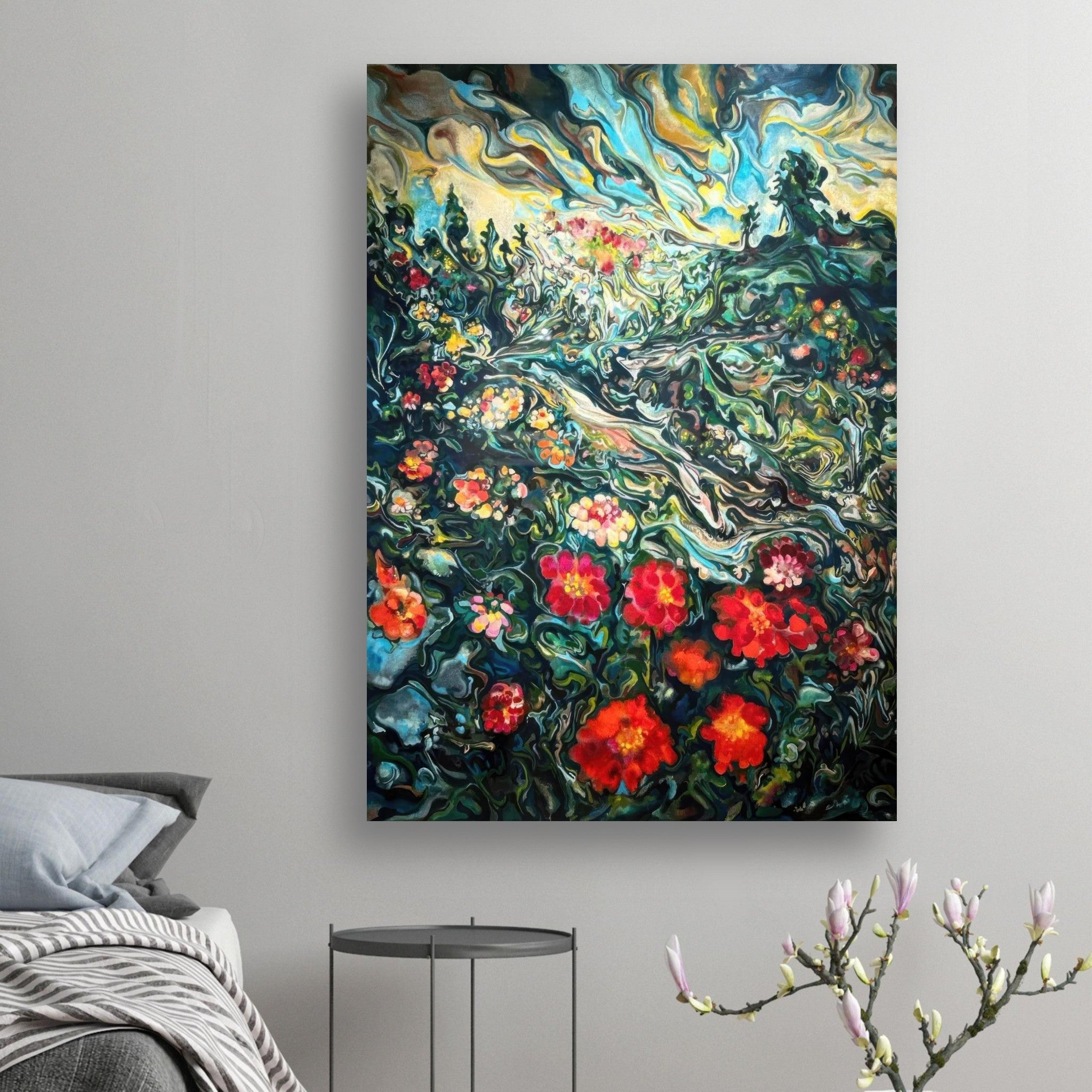 Vibrant abstract floral landscape painting poster showcasing colorful flowers and swirling natural elements on wall.