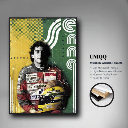 Ayrton Senna F1 framed print showcasing vibrant colors and design, perfect for fans and collectors of racing memorabilia.