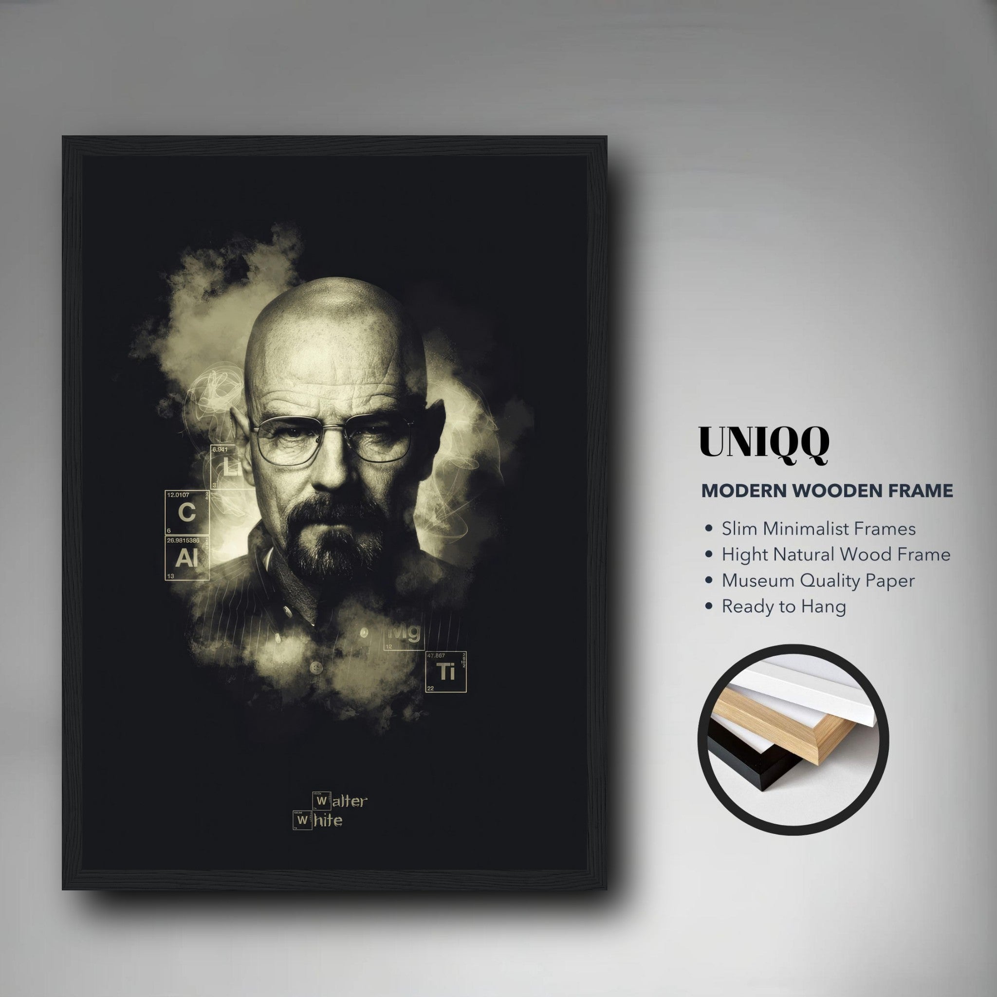 Walter White Heisenberg framed poster in modern wooden frame, featuring a smoky black-and-white design with periodic table elements.