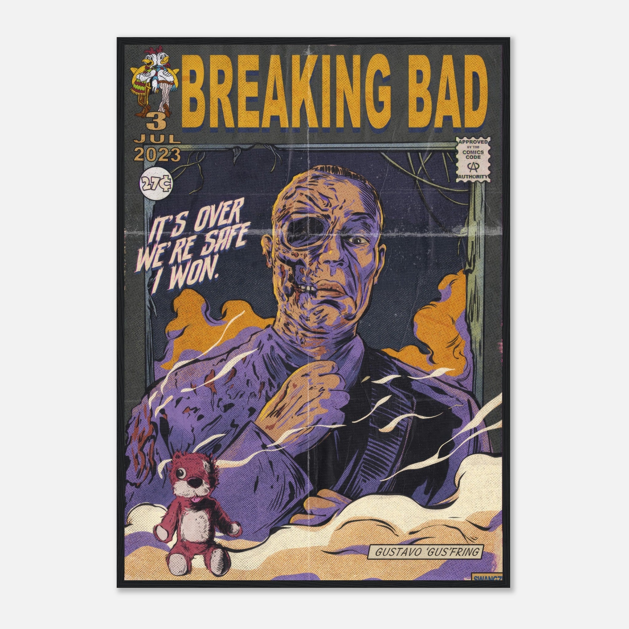 Vintage Gustavo Fring framed poster in comic style featuring bold colors and retro aesthetic from Breaking Bad.