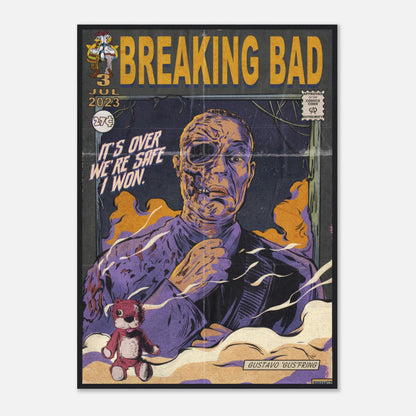 Vintage Gustavo Fring framed poster in comic style featuring bold colors and retro aesthetic from Breaking Bad.