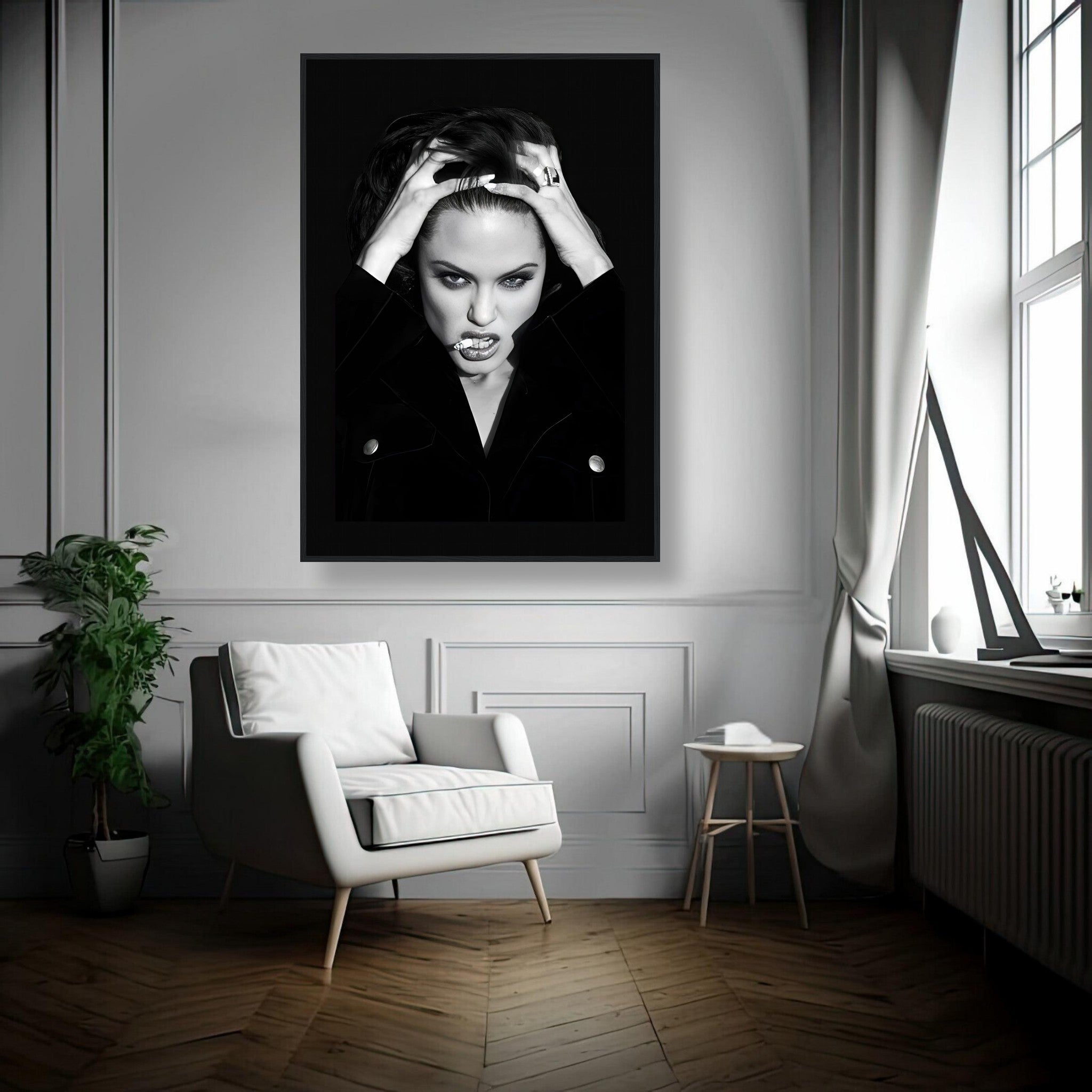 Angelina Jolie Smoking framed print in a stylish living room, showcasing bold black-and-white photography.