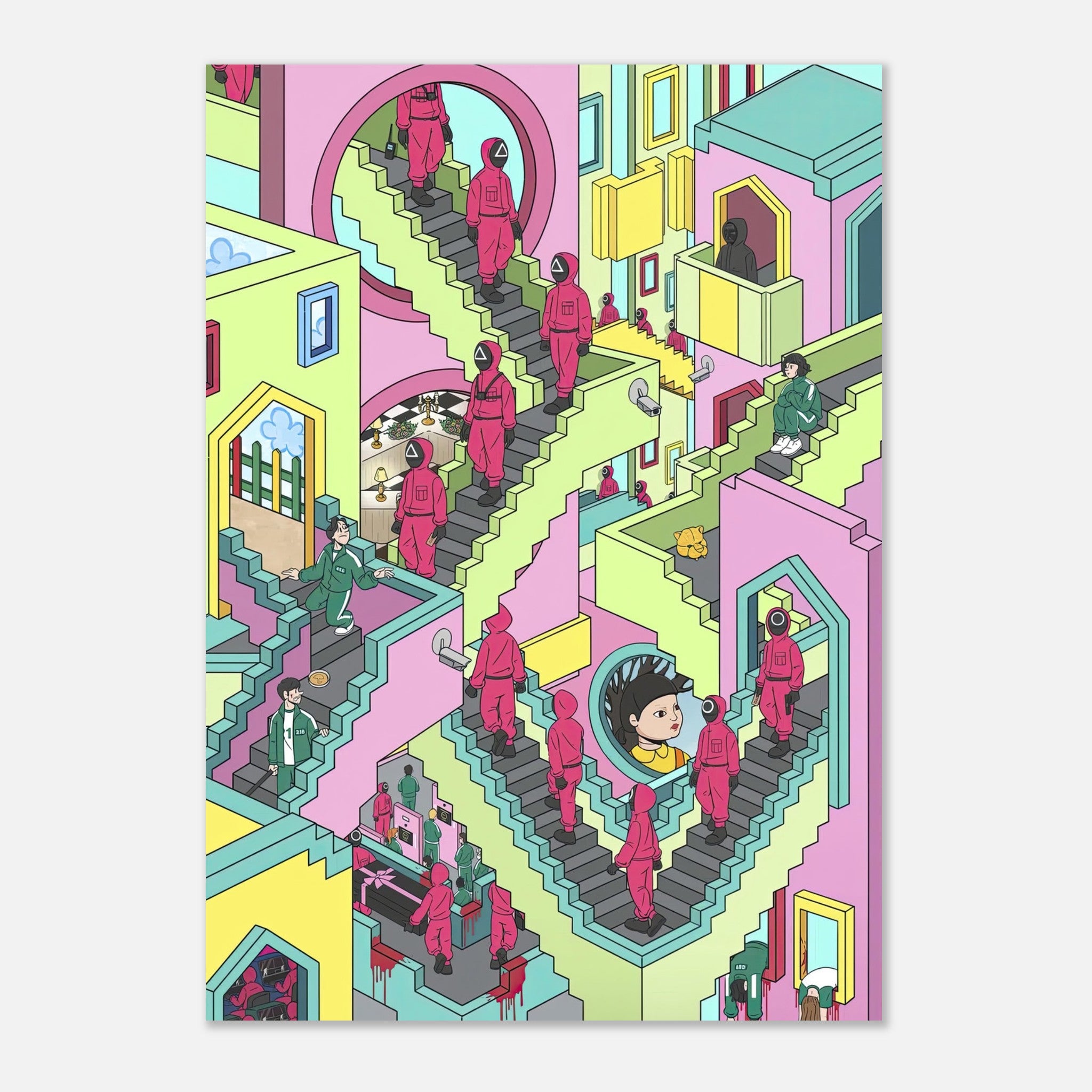 Vibrant Squid Game Stairs poster featuring intricate design and bold colors inspired by the iconic staircase scene.