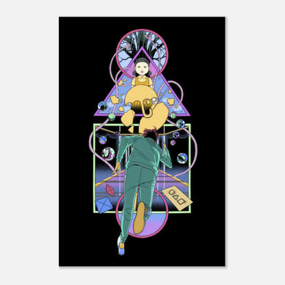 Doll Squid Game metal print featuring vibrant artwork of a character with a striking black background.