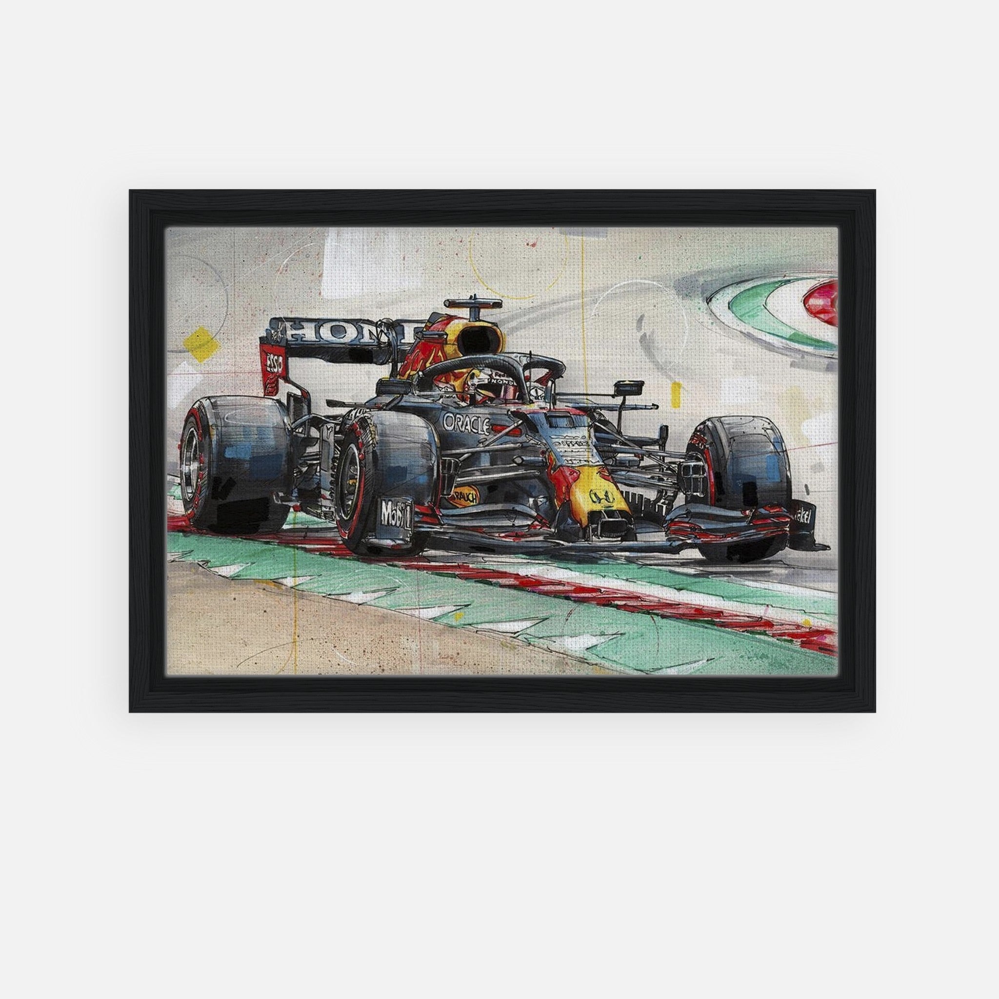 Framed canvas print of Max Verstappen's Red Bull car racing, showcasing vibrant colors and detailed action.