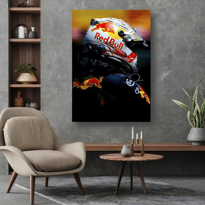 Max Verstappen brushed metal print in Red Bull Racing gear, showcasing modern decor with depth and striking light interplay.