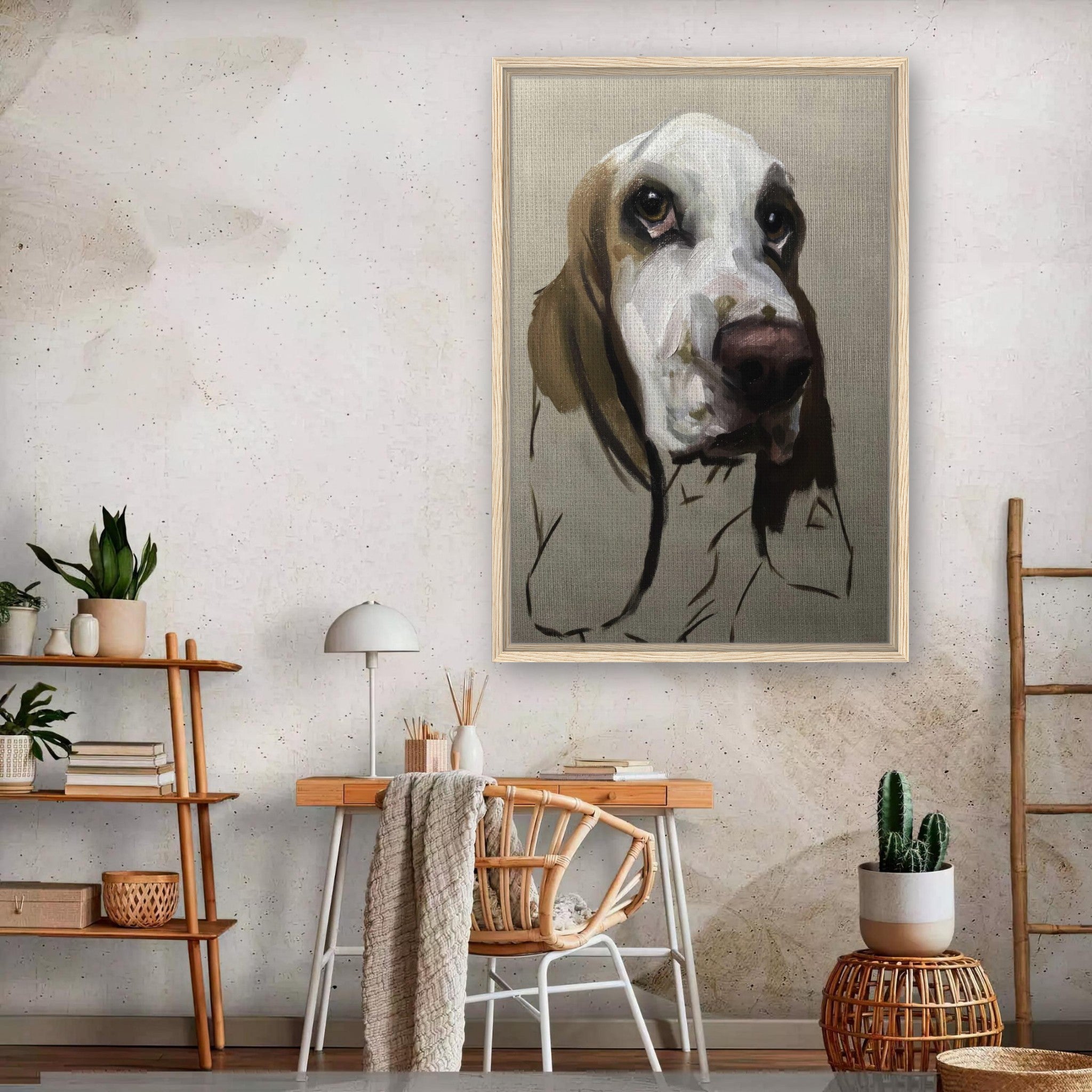 Framed canvas print of a Basset Hound dog portrait, showcasing expressive eyes and droopy ears in a cozy home setting.
