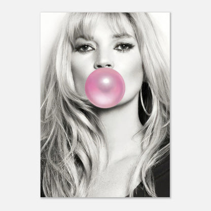 Kate Moss metal poster featuring a stylish black-and-white portrait with a pink bubble gum bubble.