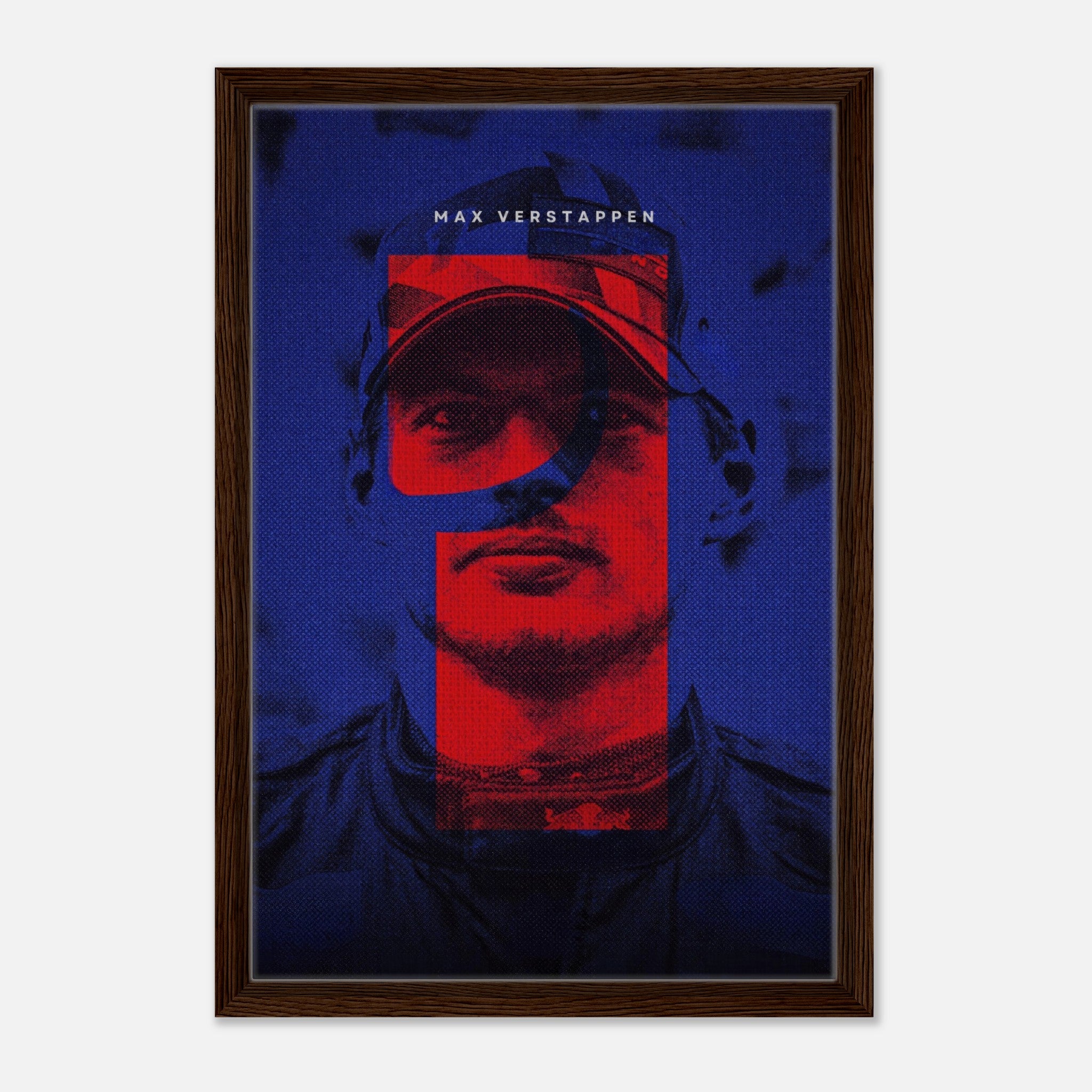 Max Verstappen framed canvas print featuring bold colors and dynamic F1 design, perfect for enhancing any space.