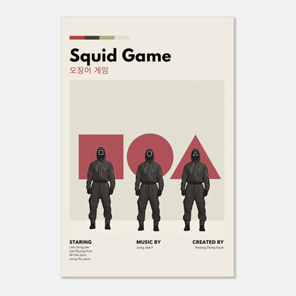 Squid Game vintage metal poster featuring minimalist artwork of iconic characters in retro design. Perfect for fans' decor.