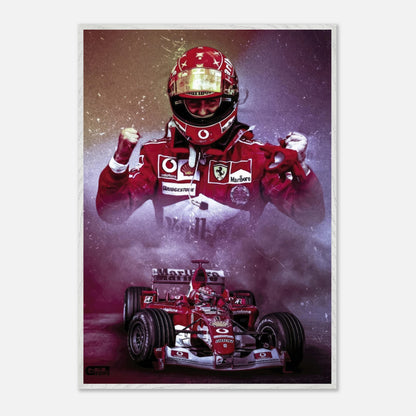 Michael Schumacher fine art print showcasing him in Ferrari suit, celebrating victory alongside his championship-winning car.