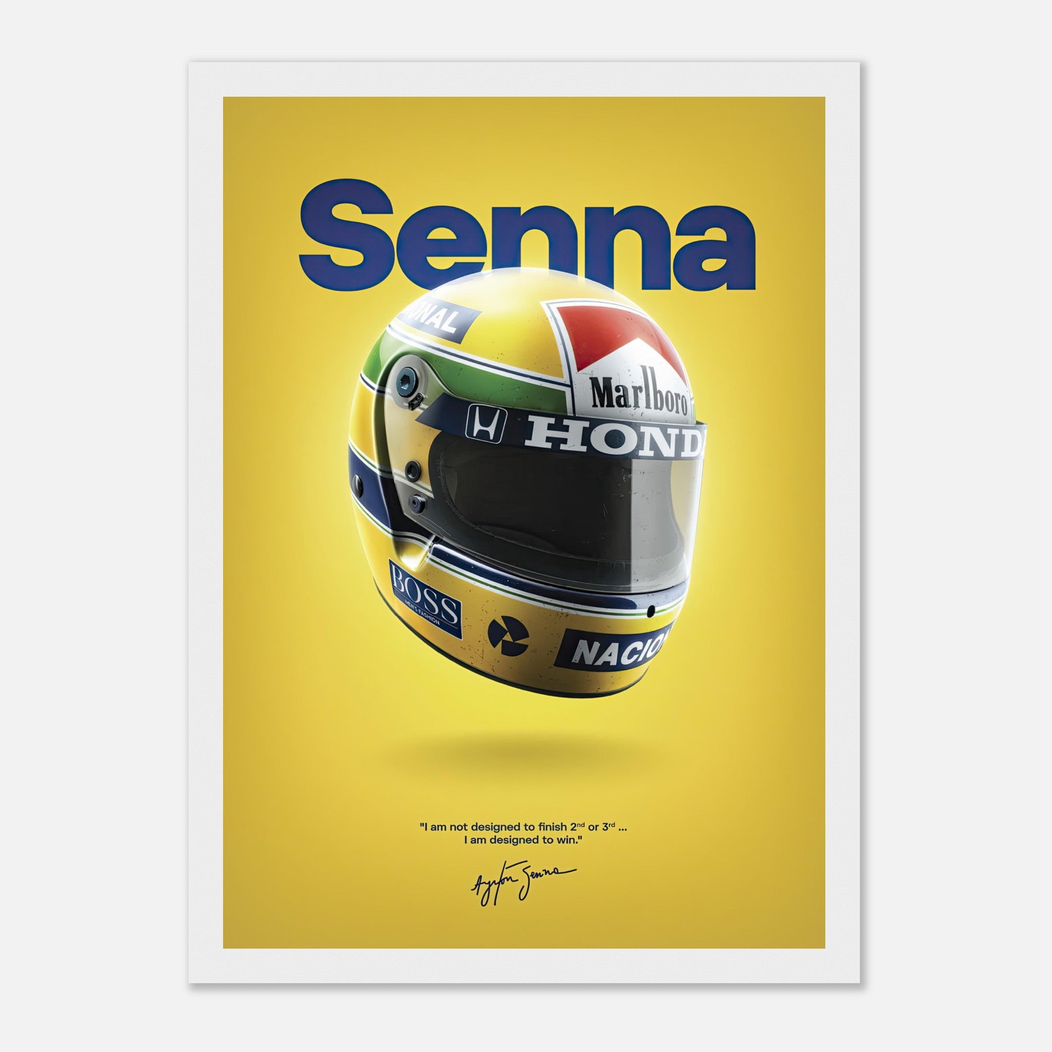 Ayrton Senna helmet framed poster with vibrant colors and a motivational quote on a bold yellow background.