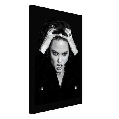 Black-and-white canvas art of Angelina Jolie with a fierce expression, adding edgy elegance to any modern decor.