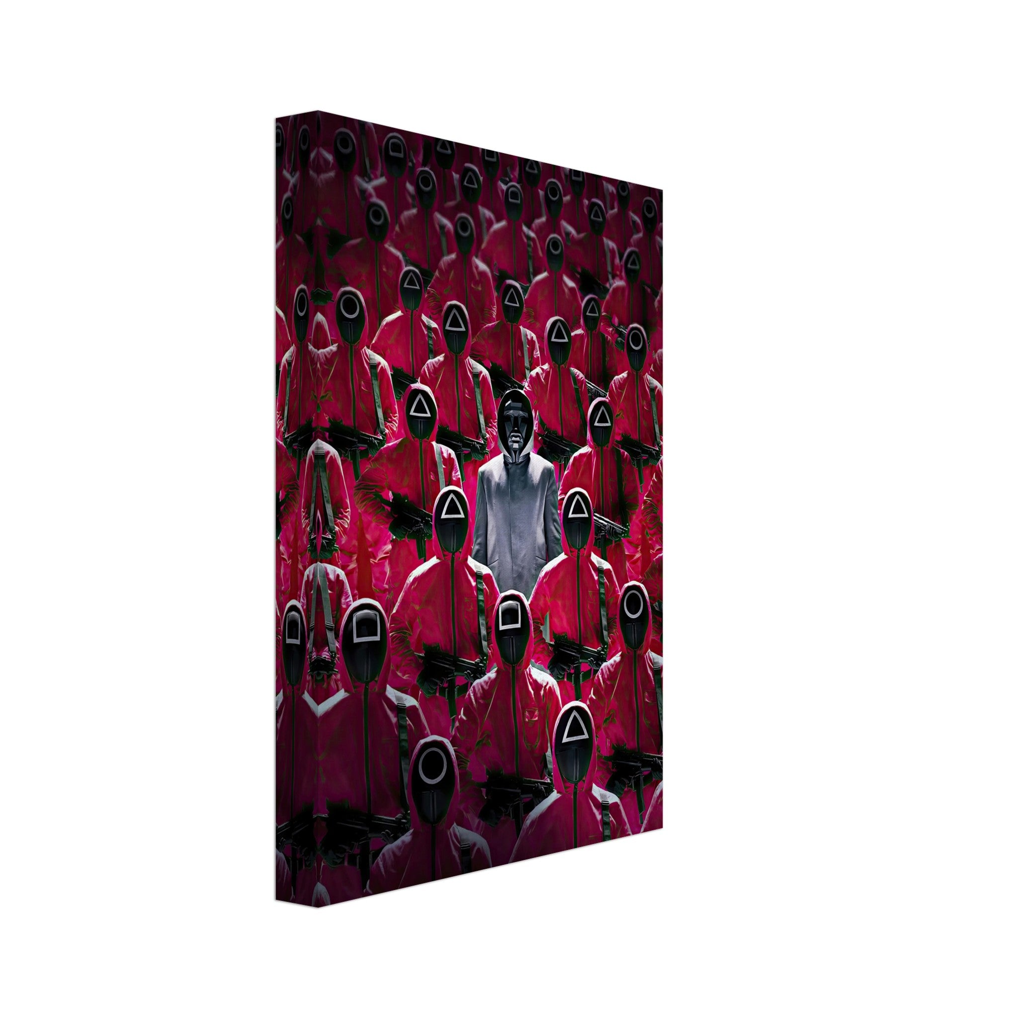 Squid Game Guards canvas print showcasing a crowd of masked guards in red and a single standout figure in the center.