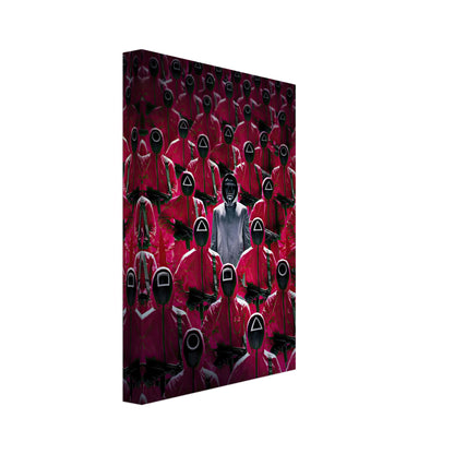 Squid Game Guards canvas print showcasing a crowd of masked guards in red and a single standout figure in the center.