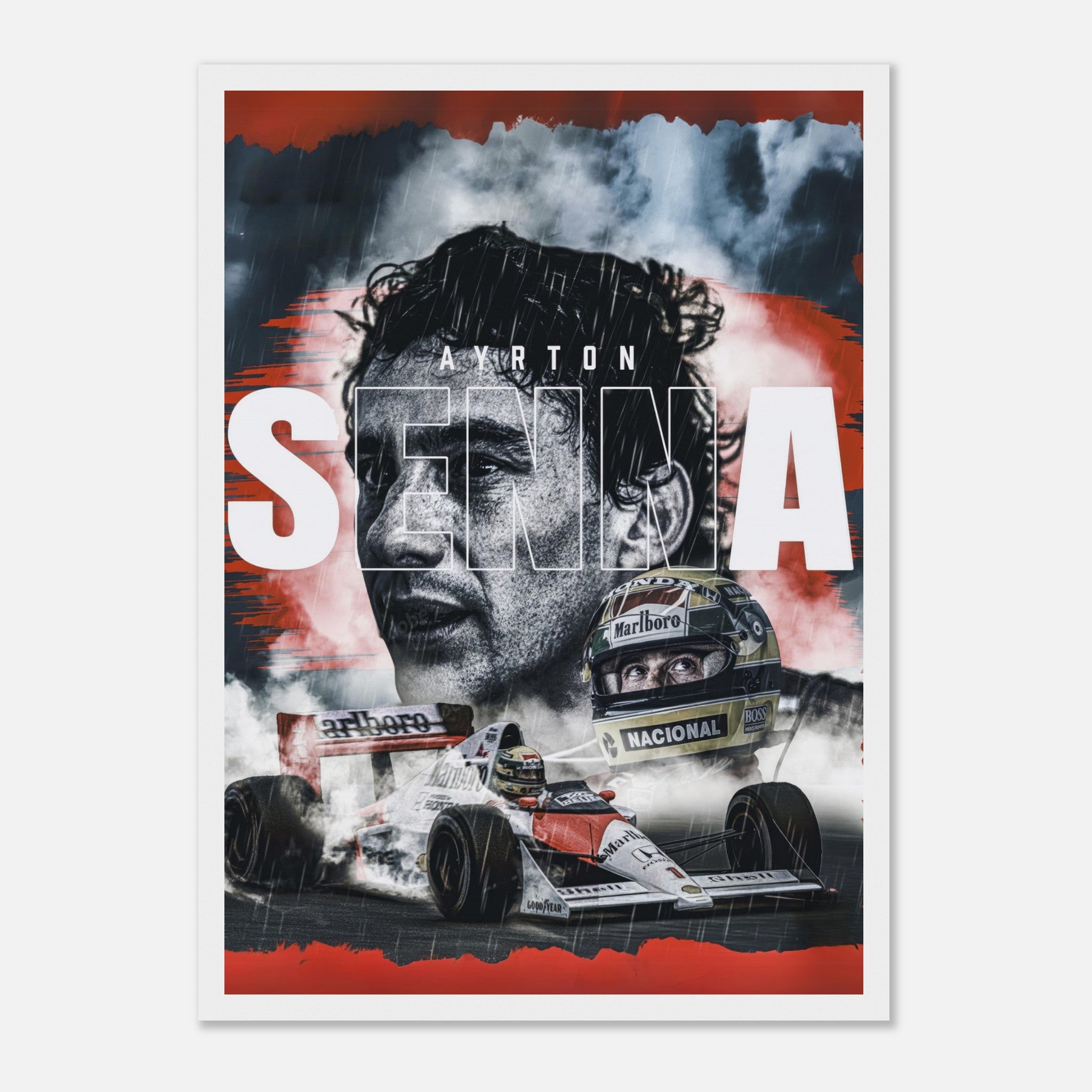 Ayrton Senna framed print showcasing his iconic F1 car and vivid imagery celebrating the motorsport legend.