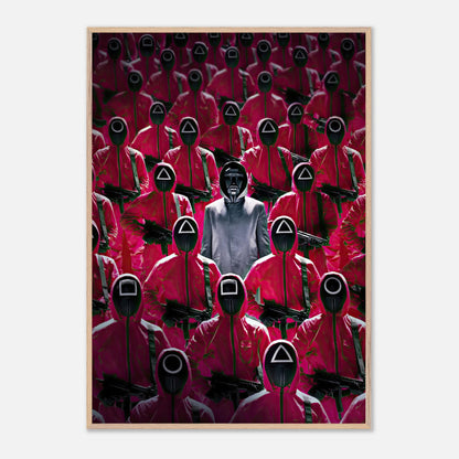 Squid Game Guards Fine Art Print featuring iconic pink-uniformed guards and the Front Man in a dramatic layout.