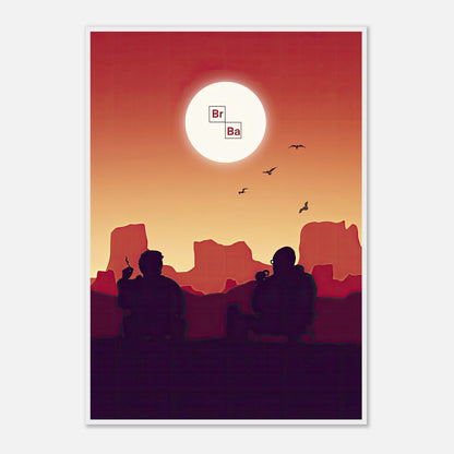 Sunset Breaking Bad framed poster featuring Walt and Jesse gazing at a fiery sunset in a desert setting.