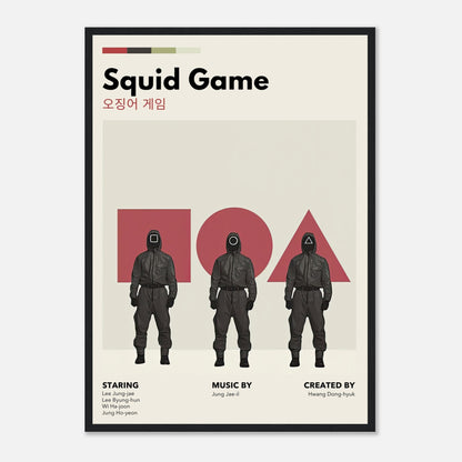 Squid Game Vintage Framed Print featuring characters in dark outfits with bold retro design elements and text.