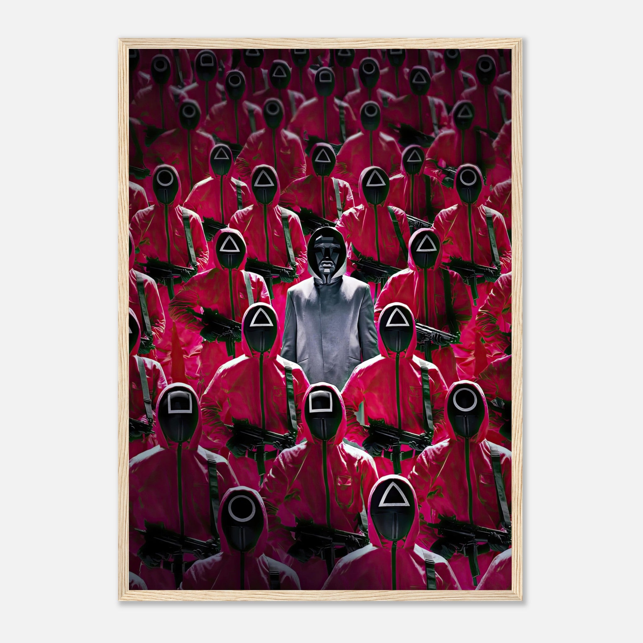 Framed print of Squid Game guards in iconic pink outfits, featuring a mysterious leader amidst a crowd.