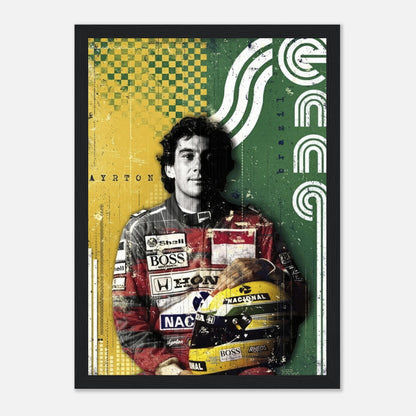 Ayrton Senna framed print featuring dynamic colors, racing suit, helmet, and Brazilian flag inspiration. Perfect for F1 fans.