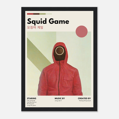 Vintage Squid Game framed print featuring a red-hooded figure with minimalist design and retro tones. Perfect for fans.