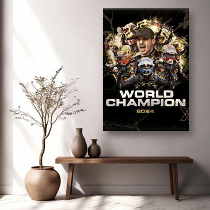 Max Verstappen 2024 F1 World Champion brushed metal print showcasing vibrant colors and dynamic racing imagery.