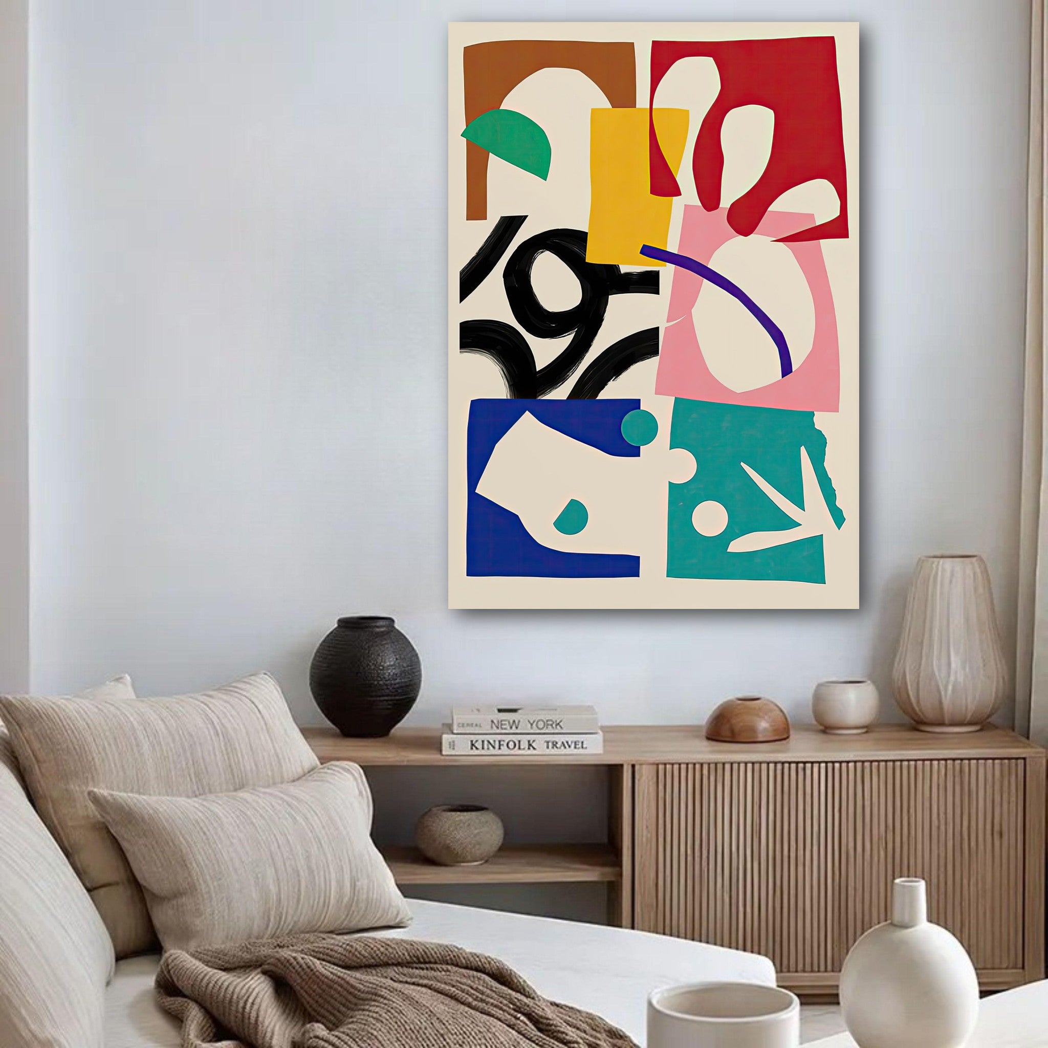 Abstract Harmony Poster showcasing bold colors and dynamic shapes in a modern living space.