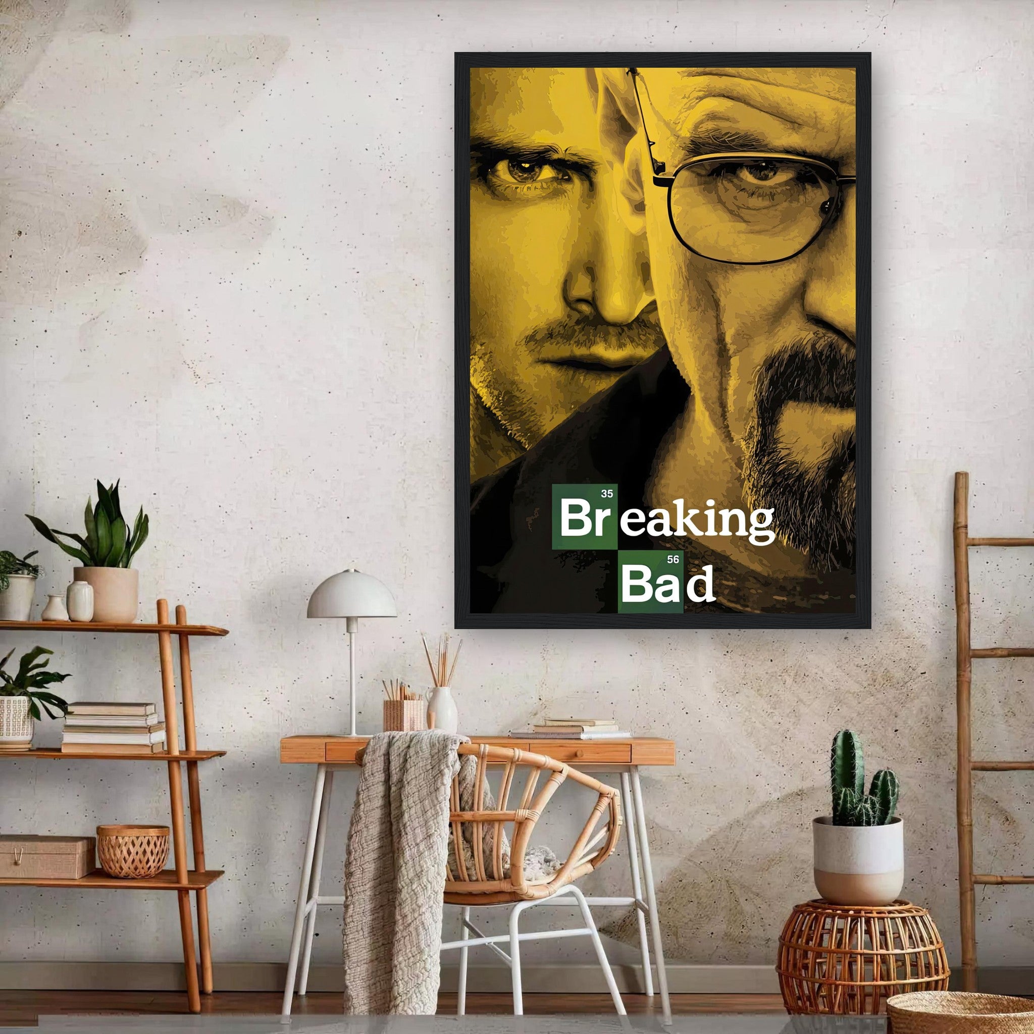 Breaking Bad official framed poster featuring iconic characters in dramatic yellow tones, perfect for fans' decor.