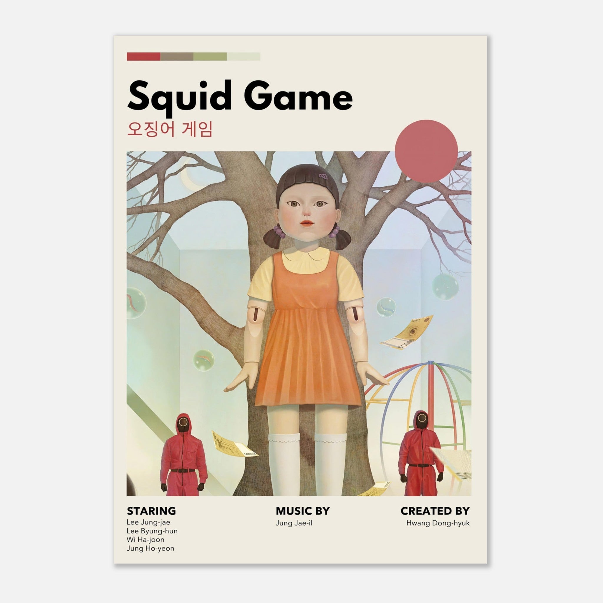 Vintage Squid Game poster featuring Red Light, Green Light doll in a retro design with muted tones. Perfect for fans.