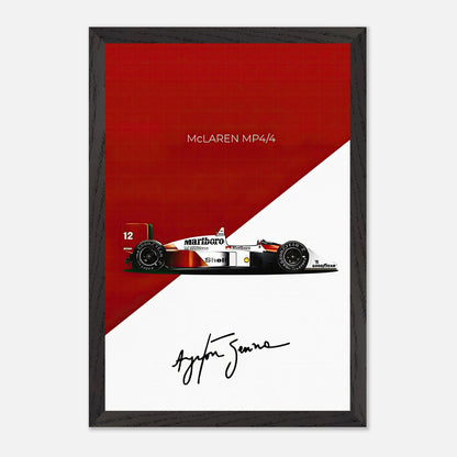 Ayrton Senna McLaren MP4/4 vintage framed print with red and white design, showcasing the iconic Formula 1 car and signature.