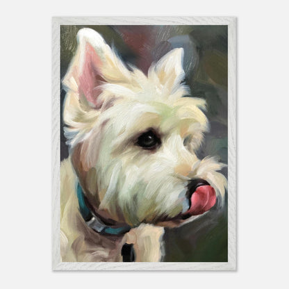 Westie dog painting vintage framed print showcasing a playful West Highland White Terrier with detailed brushstrokes.