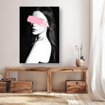 Modern Pink Blindness poster featuring a monochrome portrait with a bold pink brushstroke, showcased in a stylish interior.