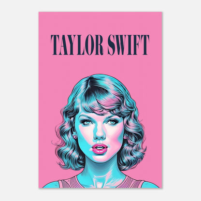 Vibrant Taylor Swift pop art poster with bold colors and a pink backdrop, perfect for fans and art lovers.