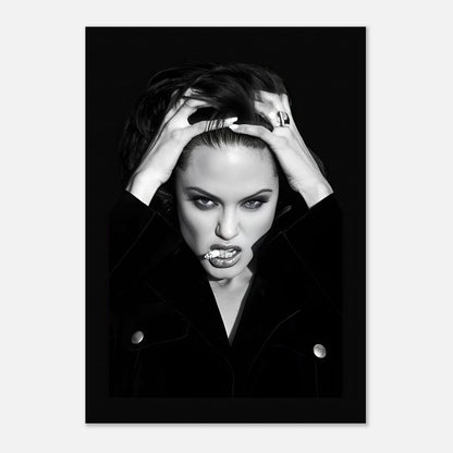 Angelina Jolie smoking poster showcasing bold elegance in black-and-white, adding sophistication to any space.