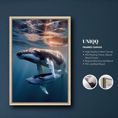 Framed canvas print of humpback whales underwater, showcasing marine life and serene ocean beauty.